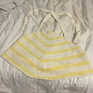 Low-back white and yellow handmade crochet halter top. Sizes L/Xl
